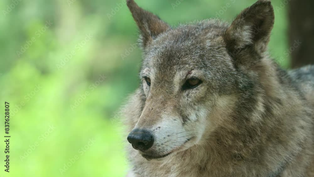Close-up Portrait Of Gray Wolf (Canis lupus) With Bokeh Nature Background. Close-up Portrait Of Gray Wolf (Canis lupus) With Bokeh Nature Background.