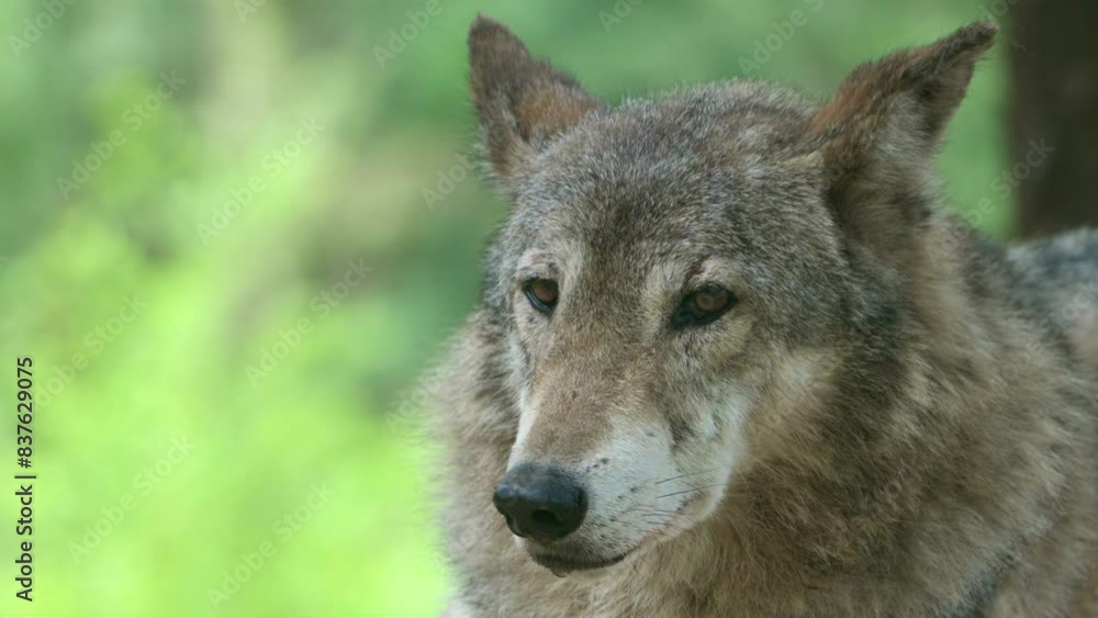 Head Of Grey Wolf Looking Around In Its Habitat. - closeup shot Head Of Grey Wolf Looking Around In Its Habitat. - closeup shot