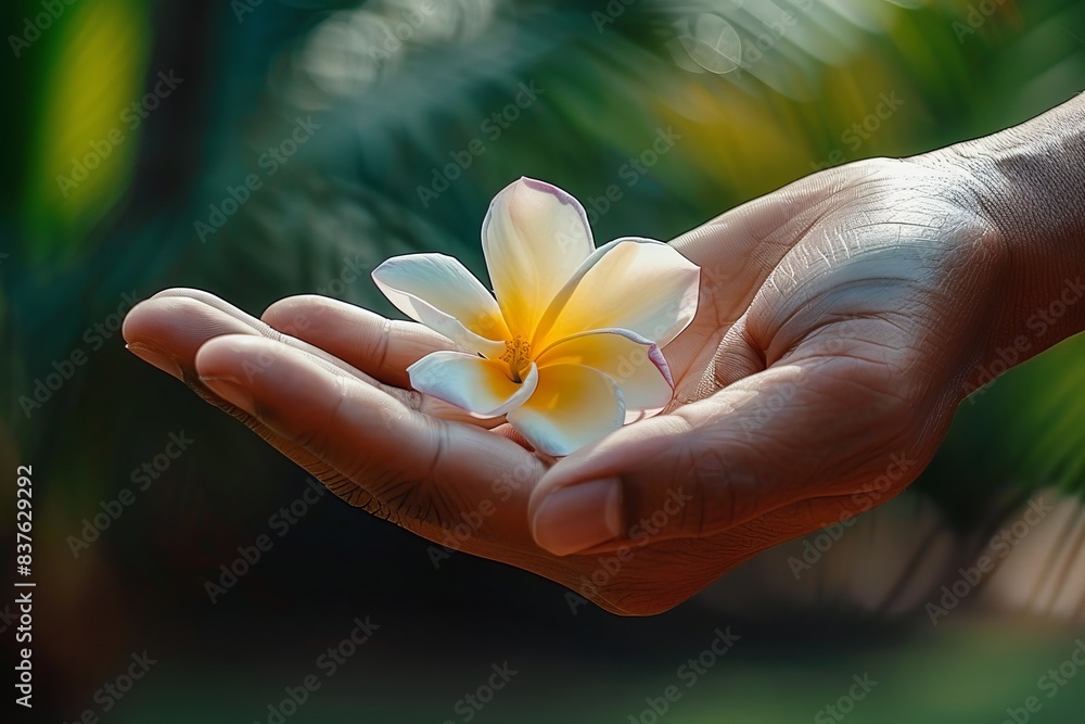 A close-up of a hand holding a delicate white and yellow tropical flower against a blurred natural background, symbolizing beauty and care. A close-up of a hand holding a delicate white and yellow tropical flower against a blurred natural background, symbolizing beauty and care.