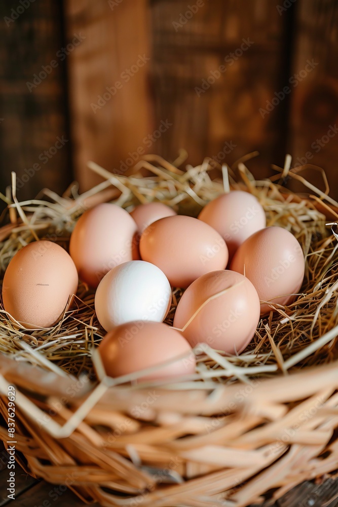 Basket of fresh farm eggs in straw nest. Close-up shot featuring brown and unique white egg with rustic wooden background. Basket of fresh farm eggs in straw nest. Close-up shot featuring brown and unique white egg with rustic wooden background.