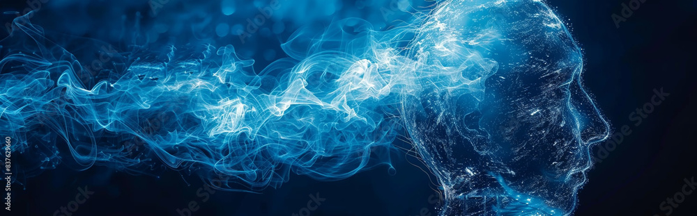 Conceptual Digital Artwork of Human Head with Blue Smoke Effect - Futuristic AI and Technology Theme for Poster Design Conceptual Digital Artwork of Human Head with Blue Smoke Effect - Futuristic AI and Technology Theme for Poster Design