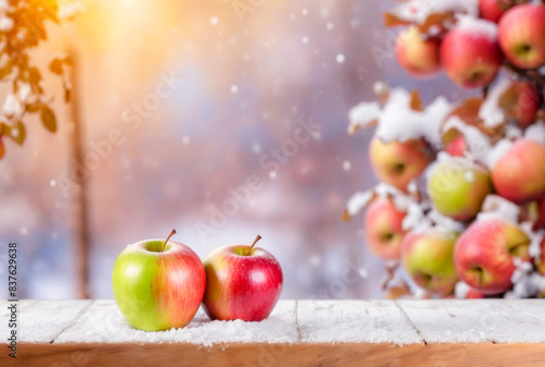 Fresh apples on a wooden table in the snow season © Naluphon