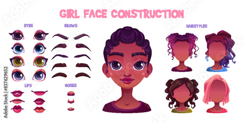 African girl face construction set isolated on white background. Vector cartoon illustration of female teen character avatar elements, blonde and brown hairstyles, color eyes, eyebrows, lips, nose