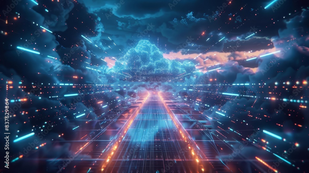 Cloud computing network, digital data streams, interconnected servers, futuristic design, neon lights, high detail, 3D rendering, cyber elements, blue and white tones Cloud computing network, digital data streams, interconnected servers, futuristic design, neon lights, high detail, 3D rendering, cyber elements, blue and white tones