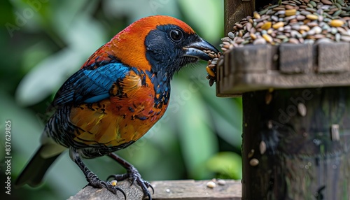 Close-up of a colorful bird with vibrant plumage eating seeds from a feeder in an outdoor natural setting. photo