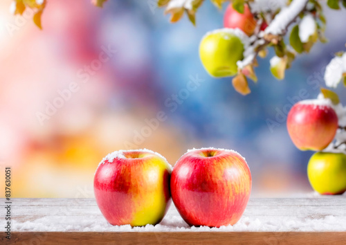 Fresh apples on a wooden table in the snow season © Naluphon