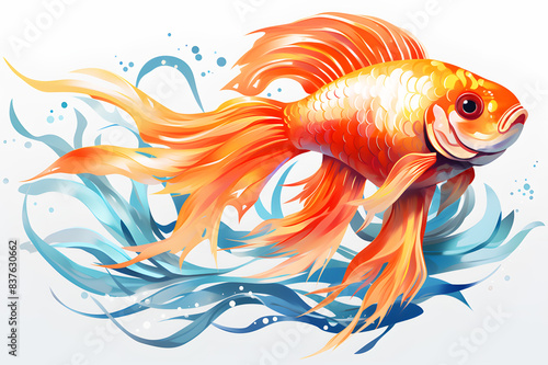 Picture draw of goldfish by watercolor and swimming blue on white background. Realistic fish animal clipart template pattern.