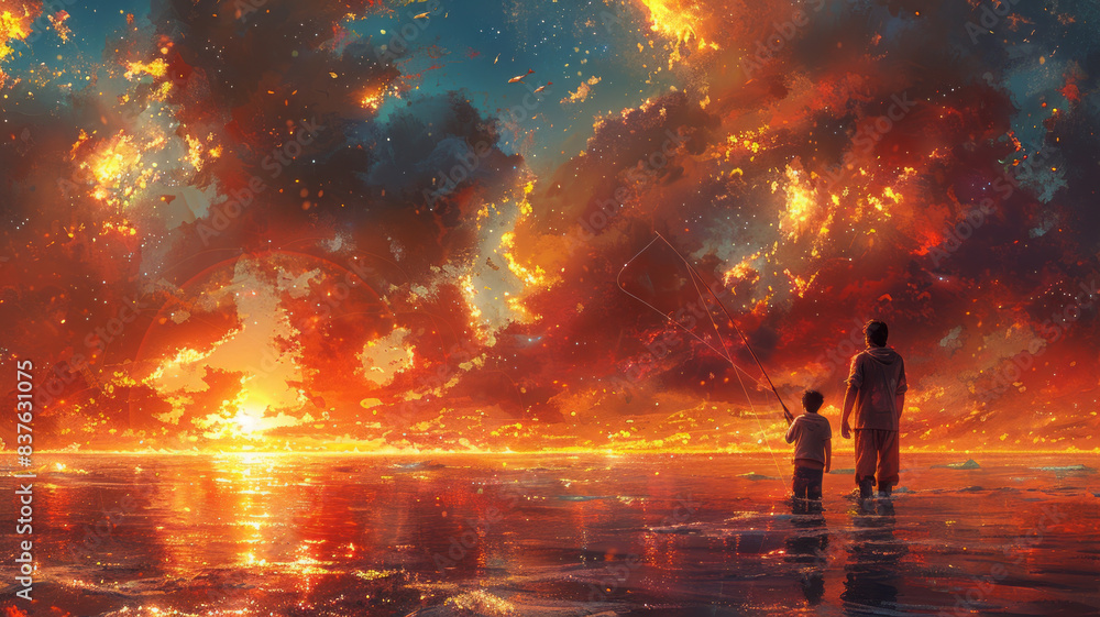 Fototapeta premium Father and son fishing in ocean surf at sunset,generative ai