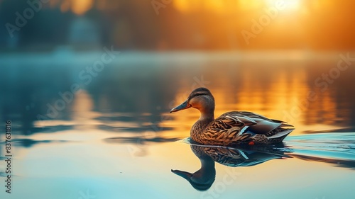 Serene duck gliding on a calm lake at sunset, reflecting the golden sky, showcasing nature's beauty and tranquility in a peaceful landscape.