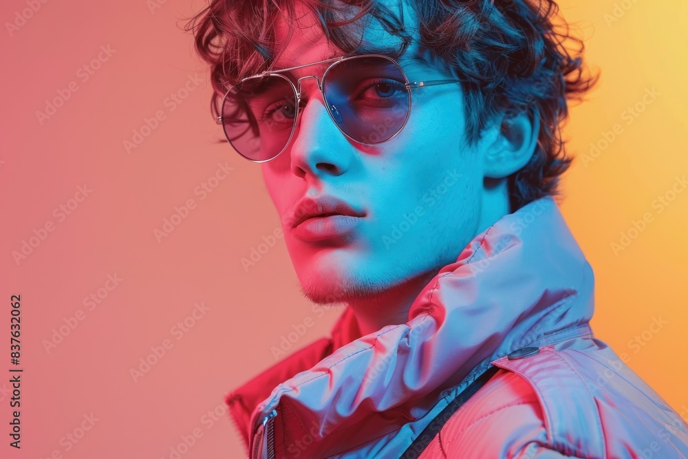 Close-up of man with glasses and blue lighting Close-up of man with glasses and blue lighting