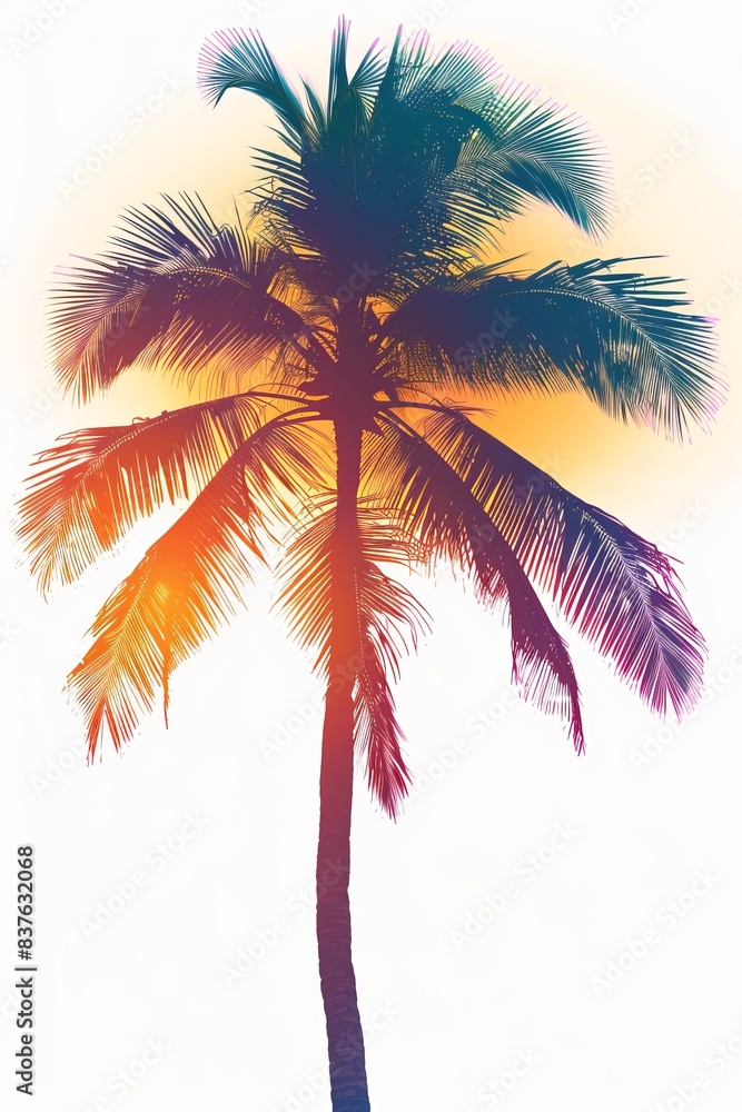 Fototapeta premium Vibrant palm tree silhouette with colorful gradient overlay, creating a tropical and serene visual appeal.