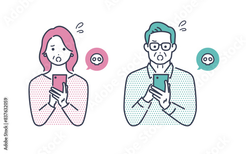 スマホを操作するシニアの男女のイラスト素材
