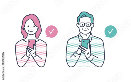 スマホを操作するシニアの男女のイラスト素材