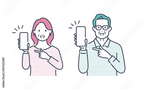 スマホを見せて指さすシニア男女のイラスト素材