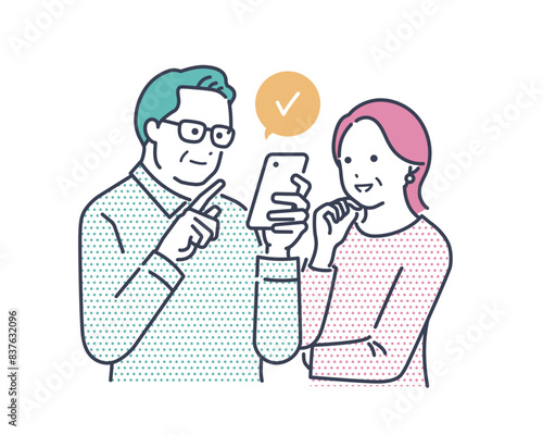 スマホを見ながら会話するシニア男女のイラスト素材