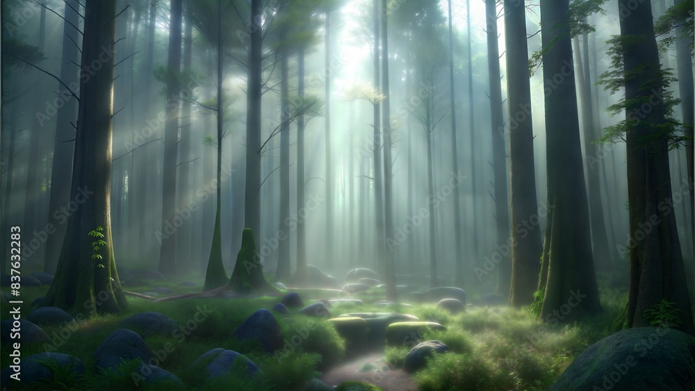 Obraz premium Design a foggy forest scene with tall trees, a mysterious atmosphere, and soft light breaking through the mist.
