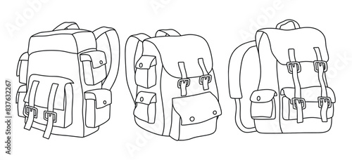 Camping backpack doodle icon hand drawing set vector illustration
