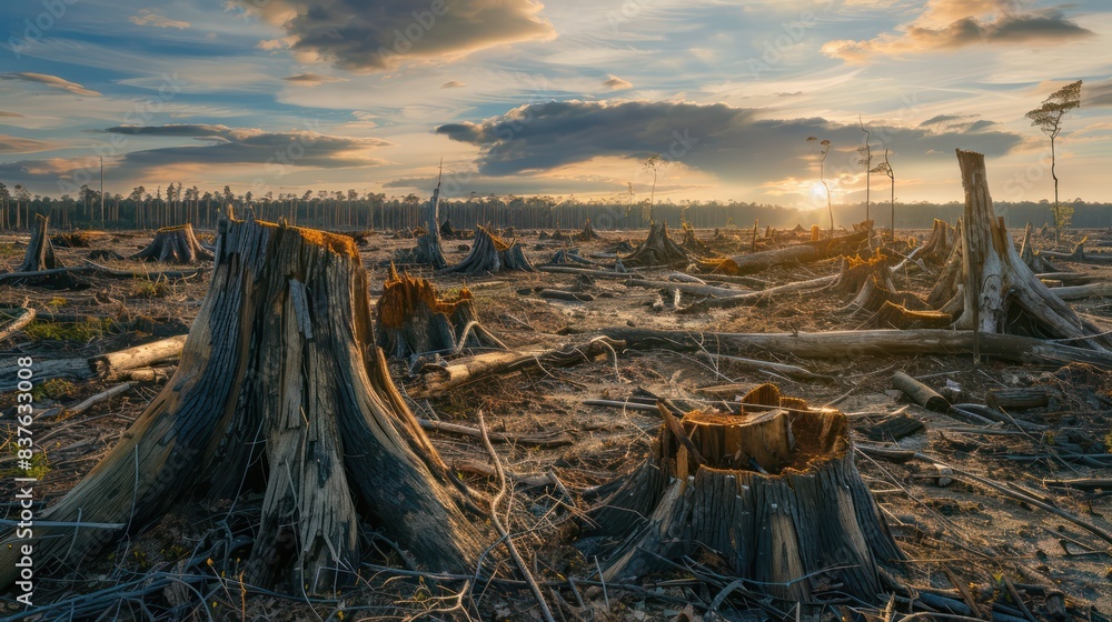 Barren Landscape After Deforestation: Photograph a once-lush forest reduced to a barren landscape of stumps and debris, showcasing the devastating impact of deforestation on natural ecosystems. 