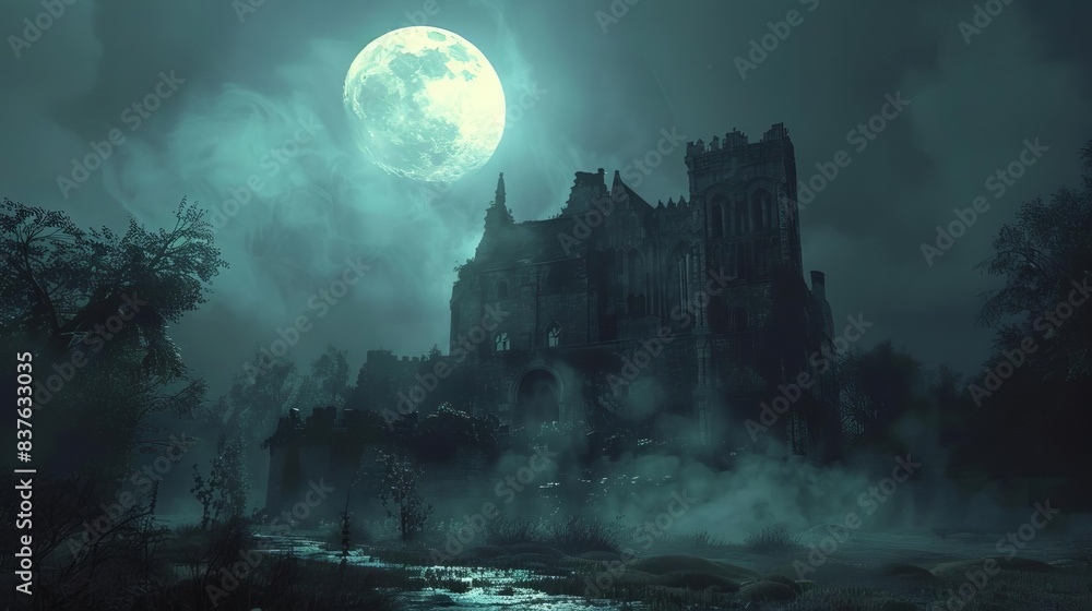 Haunted castle under a full moon, with ghostly figures and eerie atmosphere Haunted castle under a full moon, with ghostly figures and eerie atmosphere
