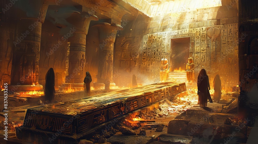 Pharaoh's tomb filled with gold, hieroglyphs, and mummified guardians