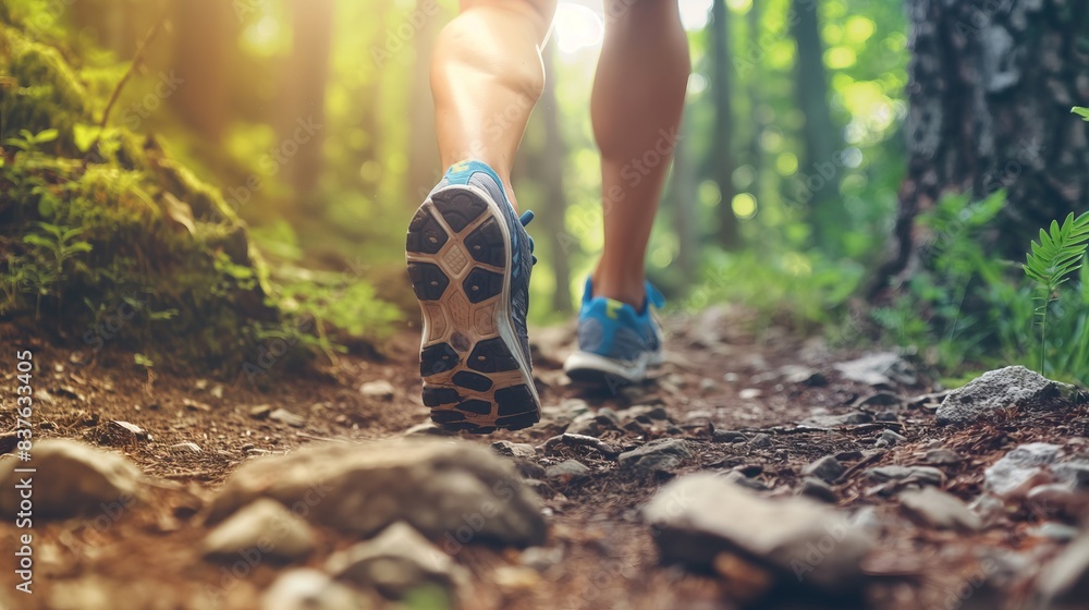 A detailed capture of a person's feet in running shoes on a forest trail, highlighting the concept of trail running and adventure A detailed capture of a person's feet in running shoes on a forest trail, highlighting the concept of trail running and adventure
