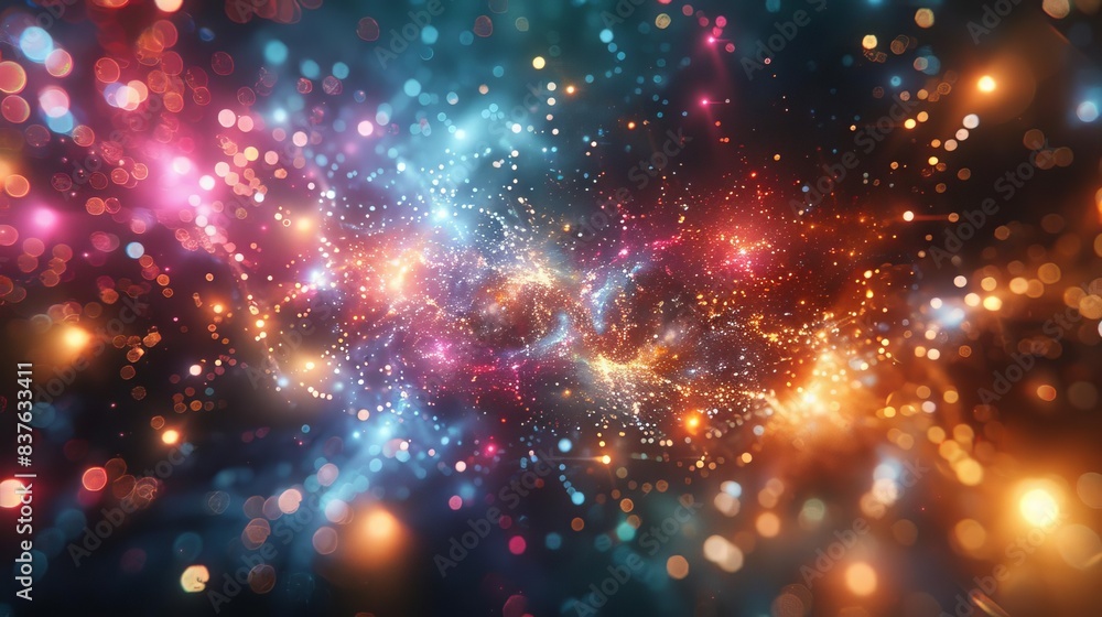 Fototapeta premium Quantum particles forming a complex, colorful fractal pattern in a dark void