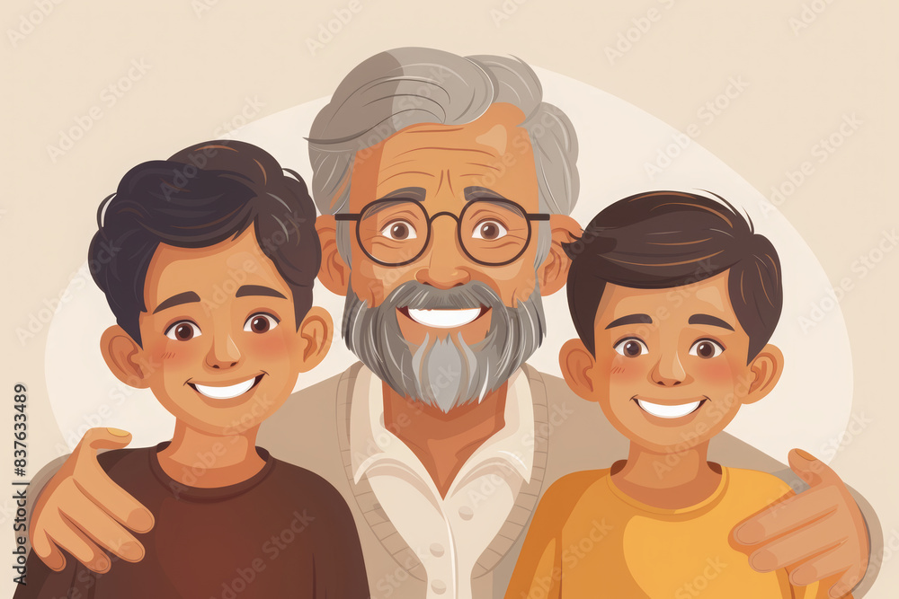 grandpa with two young boys smiling, in a flat vector illustration style, with a simple design, featuring cute cartoon characters, on a simple background. grandpa with two young boys smiling, in a flat vector illustration style, with a simple design, featuring cute cartoon characters, on a simple background.