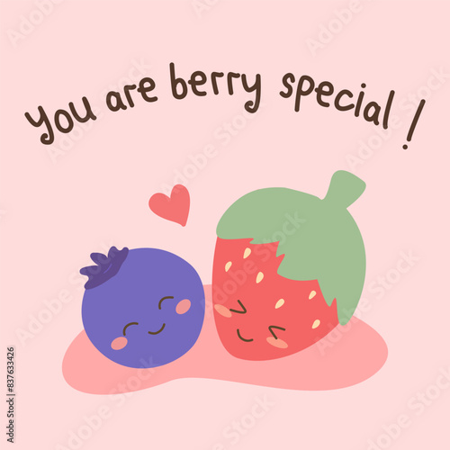 Cute berries with quote “You are berry special” on pastel pink background. Fruits pun for card design in love concept