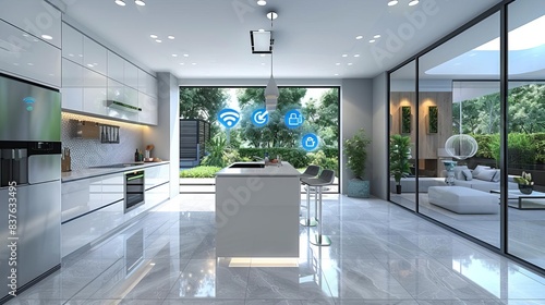 Smart home controlled by IoT devices, showing interconnected appliances in a modern kitchen © Nawarit