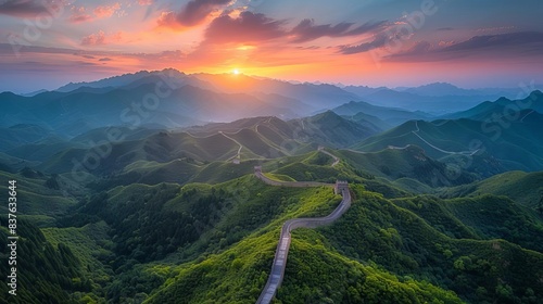 The Great Wall of China winding through lush mountains under a vibrant sky