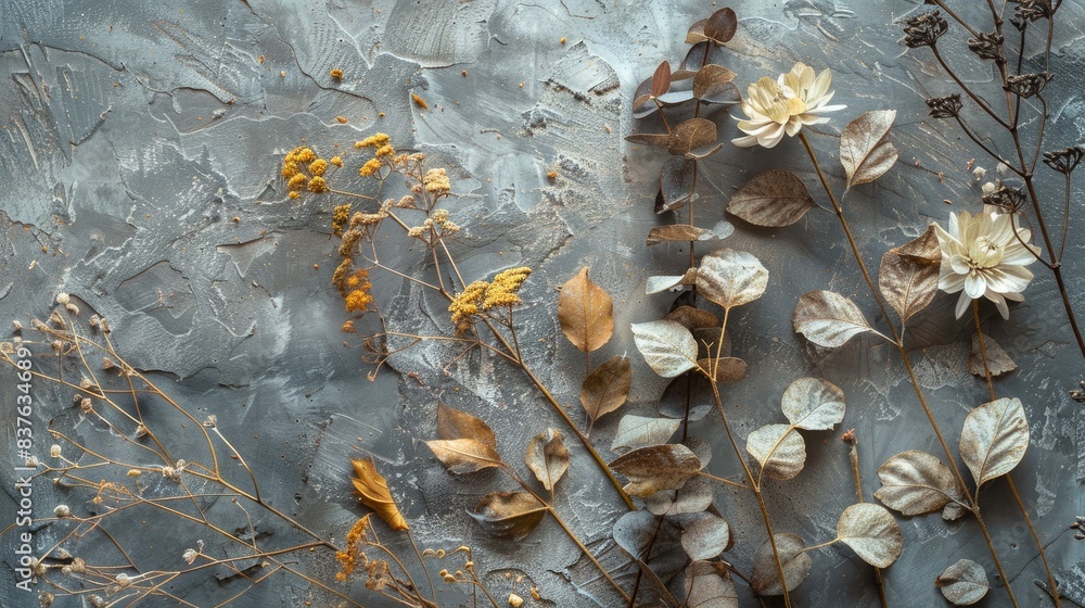 Obraz premium Tranquil Botanical Composition with Dried Leaves and Flowers on Textured Background