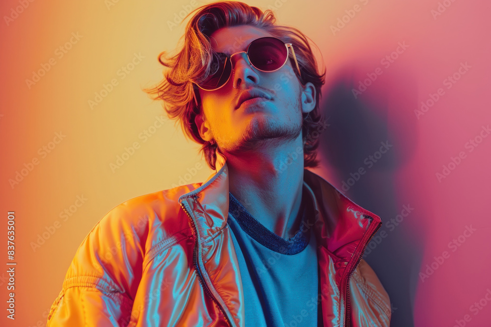Stylish man in sunset colored lighting Stylish man in sunset colored lighting