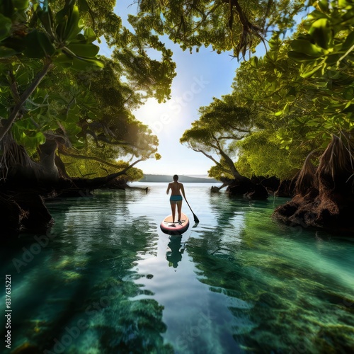 a person doing yoga on a paddleboard in a tranquil estuary surro photo