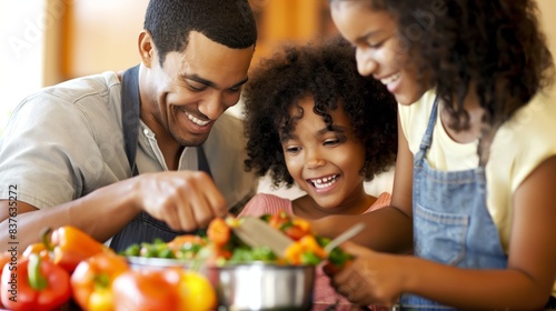 A warm family scene with parents and child preparing a healthy salad in a cozy kitchen environment