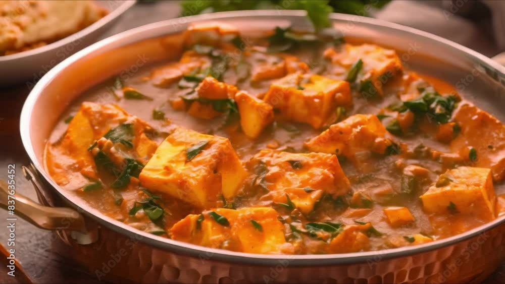 Spicy Paneer Tikka Masala Cooked in a Copper Pan. Concept Indian Cuisine, Cooking Techniques, Paneer Recipes, Copper Cookware, Spicy Dishes Spicy Paneer Tikka Masala Cooked in a Copper Pan. Concept Indian Cuisine, Cooking Techniques, Paneer Recipes, Copper Cookware, Spicy Dishes