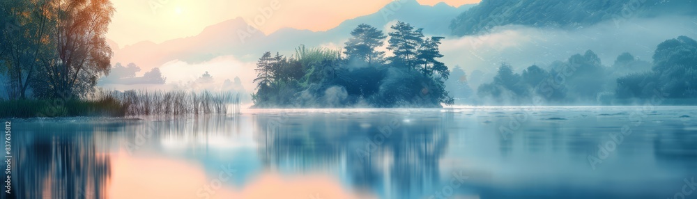 Tranquil mountain lake at sunrise, misty blurred background, Tranquil mountain lake at sunrise, misty blurred background,