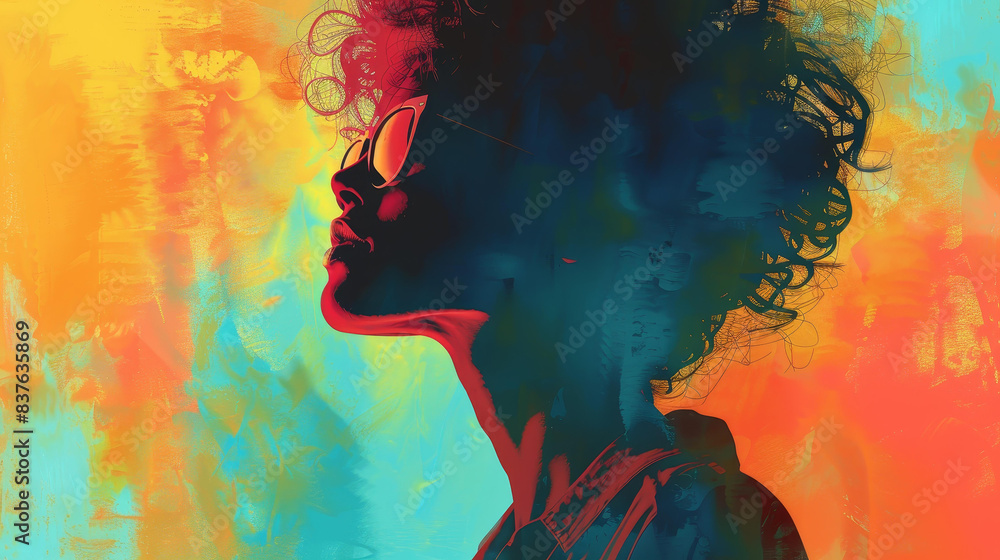 Dynamic digital artwork featuring abstract silhouette of a stylish woman with sunglasses, vibrant colors, and a summer vibe. Dynamic digital artwork featuring abstract silhouette of a stylish woman with sunglasses, vibrant colors, and a summer vibe.