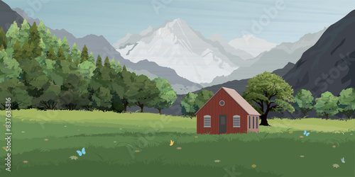 Country house on the meadow in the middle of valley surrounded by mountains and pine forest graphic illustrated.