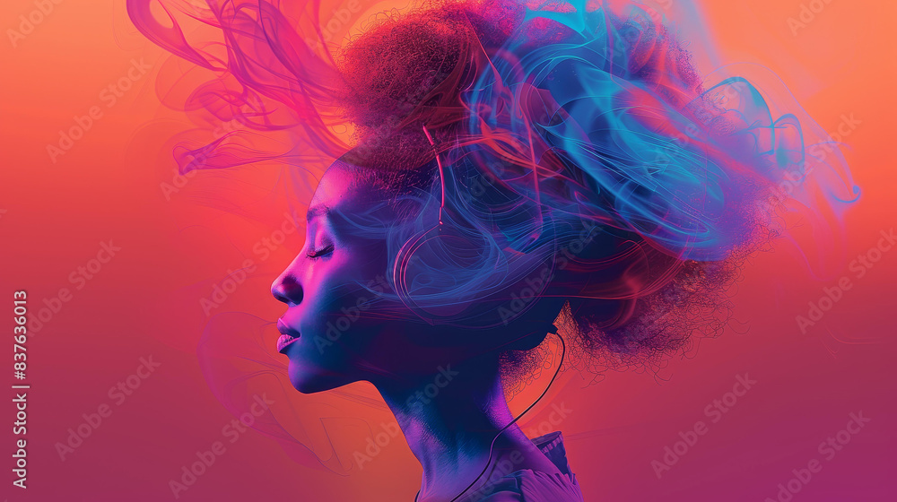 Surreal digital artwork of a woman in wireless headphones, embodying immersive audio and fluid movement, a tribute to digital artistry. Surreal digital artwork of a woman in wireless headphones, embodying immersive audio and fluid movement, a tribute to digital artistry.