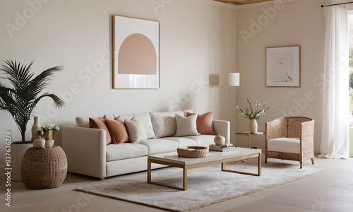 Elegant living room with a cozy beige couch, stylish decor, and a warm, neutral color palette creating a minimalist atmosphere