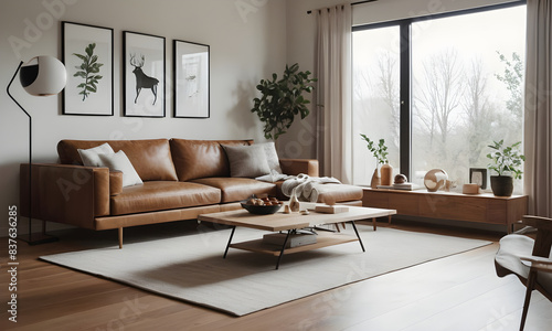 Contemporary living room featuring a leather sofa, coffee table, potted plants, and artwork, bathed in natural daylight