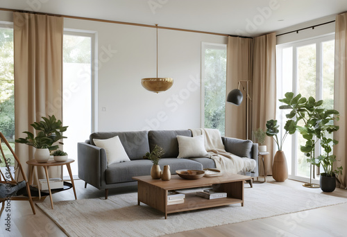 Modern and chic living room featuring a cozy grey sofa, wooden furnishings, and gorgeous indoor plants in a contemporary residence