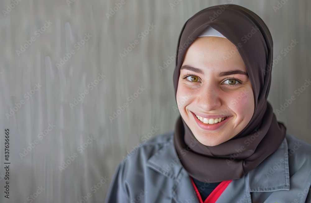 A portrait of a fast food worker wearing the uniform. A young smiling Middle Eastern woman wearing a hijab working at a fast food restaurant. Employee. A Muslim lady in hijab is a restaurant manager A portrait of a fast food worker wearing the uniform. A young smiling Middle Eastern woman wearing a hijab working at a fast food restaurant. Employee. A Muslim lady in hijab is a restaurant manager