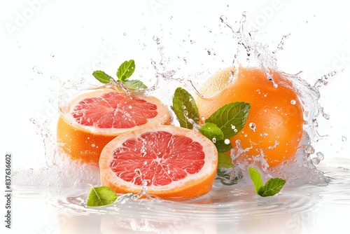Sliced       grapefruit slices on a white background are surrounded by splashes of water. This image conveys the freshness and liveliness of citrus fruits  emphasizing their juiciness and natural beauty.