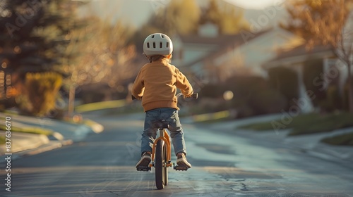 Fototapeta Naklejka Na Ścianę i Meble -  Young Cyclist Navigating Neighborhood on Bicycle with Training Wheels