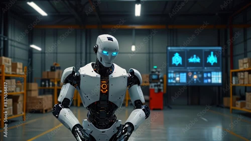 The video depicts a humanoid robot sitting on a table in a warehouse setting. It appears to be deep in thought. The video depicts a humanoid robot sitting on a table in a warehouse setting. It appears to be deep in thought.