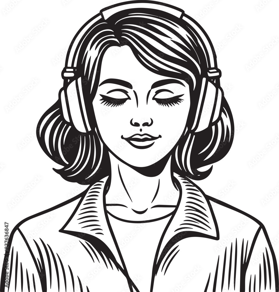 woman with headphones illustration black and white woman with headphones illustration black and white