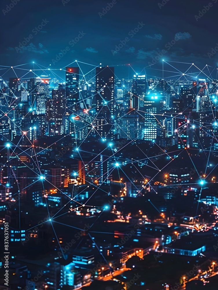 Obraz premium Interconnected Digital Cityscape Representing Urban Business Connectivity and Networking Technology