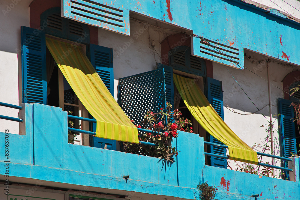 The vintage balcony of the house in Saint-Louis, Senegal, West Africa