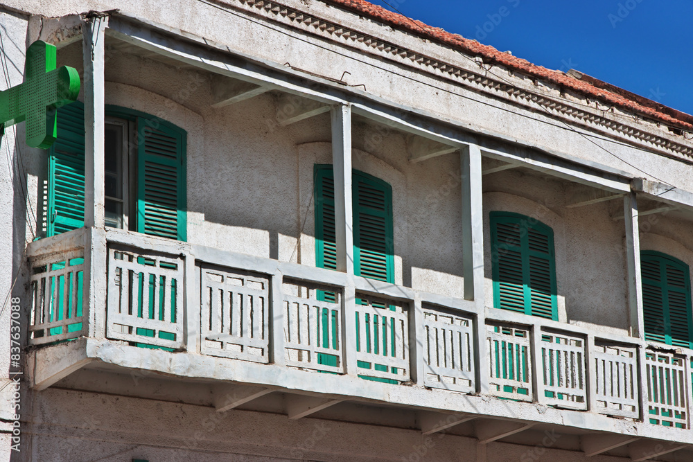 The vintage balcony of the house in Saint-Louis, Senegal, West Africa